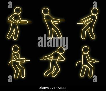 Tug of war game icons set. Outline set of tug of war game vector icons neon color on black Stock Vector