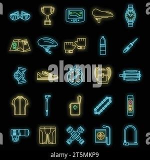 Cycling equipment kit icons set. Outline set of cycling equipment kit vector icons neon color on black Stock Vector