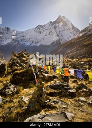 A person standing on an outcrop looking out over the view with prayer flags in the foreground and a big mountain in the background at the Annapurna base camp area, Nepal. Stock Photo