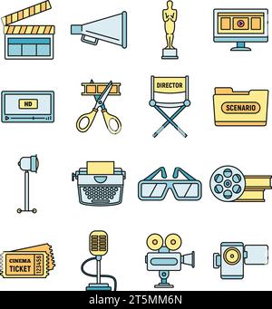 Modern film production icons set. Outline set of modern film production vector icons thin line color flat on white Stock Vector