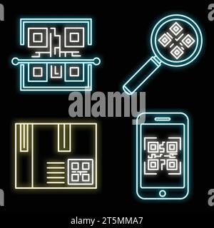 QR code element icons set. Outline set of QR code element vector icons neon color on black Stock Vector