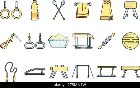 Modern gymnastics equipment icons set. Outline set of modern gymnastics equipment vector icons thin line color flat on white Stock Vector