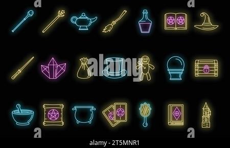 Magic wizard tools icons set. Outline set of magic wizard tools vector icons neon color on black Stock Vector