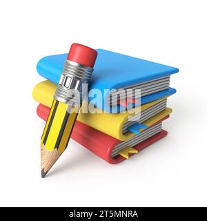 Three cartoon notebooks and pencil 3D rendering illustration isolated on white background Stock Photo