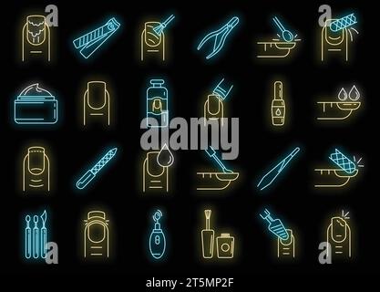 Nail manicure icons set. Outline set of nail manicure vector icons neon color on black Stock Vector