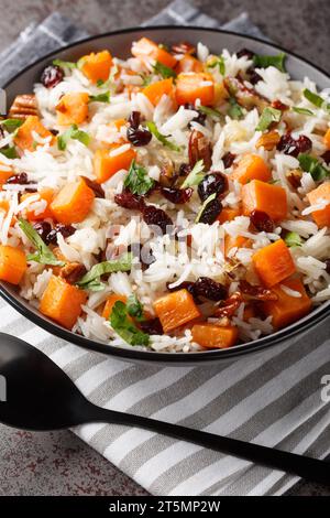 Vegetarian pilaf with sweet potato, basmati, nuts, onions and dried cranberries close-up in a bowl on the table. Vertical Stock Photo