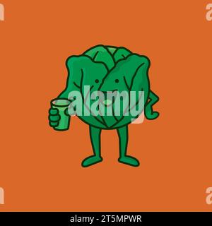 Cabbage or Brussels Sprout Kawaii character with green vegetable smoothie drink vector illustration for Cabbage Day on February 17 Stock Vector