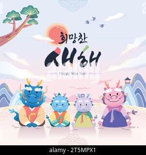 New Year Korean event design. To celebrate the Year of the Blue Dragon, the dragon family wears hanbok and says hello. Stock Vector