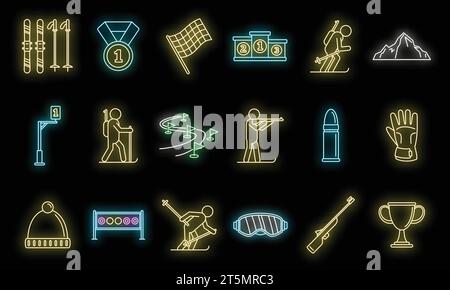 Biathlon ski icons set. Outline set of biathlon ski vector icons neon color on black Stock Vector