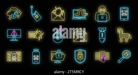 Cyber attack bug icons set. Outline set of cyber attack bug vector icons neon color on black Stock Vector