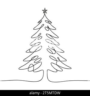christmas tree drawn with one line isolated. Vector illustration Stock Vector