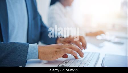 Digital research, developer and programmer writing, programming software or coding app on computer at desk in workplace. Laptop, hands typing and Stock Photo