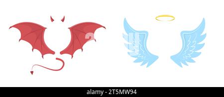 Elements of angel and devil. Blue and red wings, golden halo and horns, bat wings and tail. Halloween decorative costume. Hell and heaven object Stock Vector