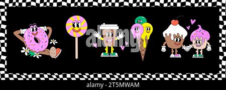 90 Groovy Sticker Food Collage. Cartoon Character of Ice Cream, Donut, Coffee, Candy, Cupcakes. Fun Smile Faces, cool y2k Vector Illustration. Funky art for T-Shirts.  Stock Vector