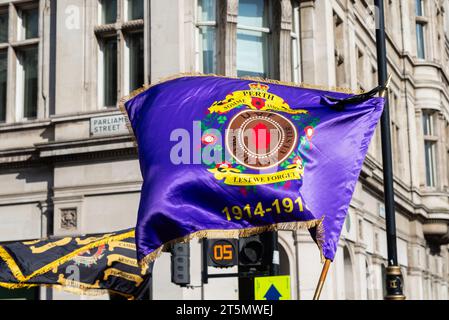 Flag of Ulster Volunteer Force, being marched on Parliament Street, Westminster, London. Ulster loyalist paramilitary group based in Northern Ireland Stock Photo