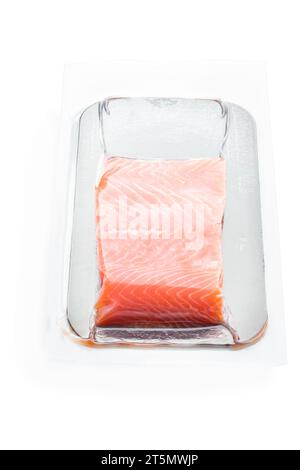 Vacuum  packed salmon portion fillet isolated on white background Stock Photo
