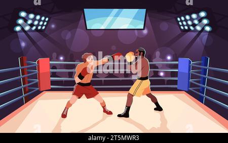 Boxing people. Fighters characters at ring, professional athletes in sparring, strong men in combat sport, Muscular men in sparring on championship Stock Vector