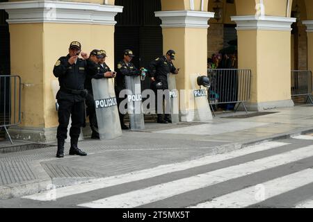 A Group of Police Officers with riot sheilds on Patrol in Lima City Centre. Lima, Peru, October 3, 2023. Stock Photo