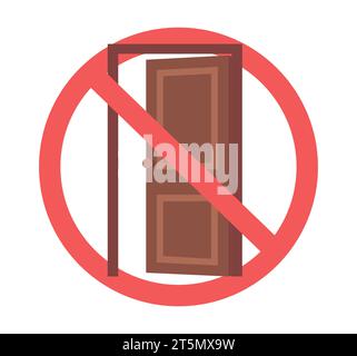 Keep Door Closed sign. Notice label. Warning red prohibition symbol, caution emblem design. Room entrance. Forbidden poster. Rules banner. Cartoon Stock Vector