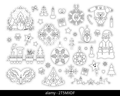 Set of characters and decor. Christmas theme. To color and cut out. Set No. 2. Vector illustration. Stock Vector