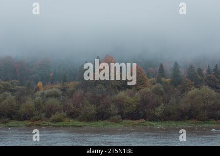 Fog on the river in autumn mountains. Frosty morning in mountains at the riverside. Tranquil autumn landscape with river. Scenic misty countryside. Stock Photo