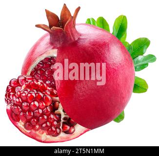 Juicy ripe pomegranate fruit, leaves and piece of pomegranate isolated on white background. File contains clipping path. Stock Photo