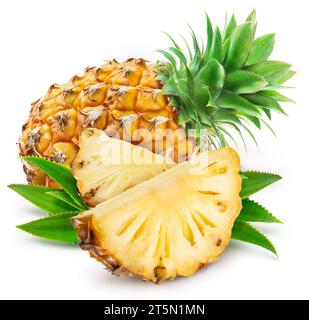 Ripe pineapple and pineapple slices isolated on white background. Stock Photo