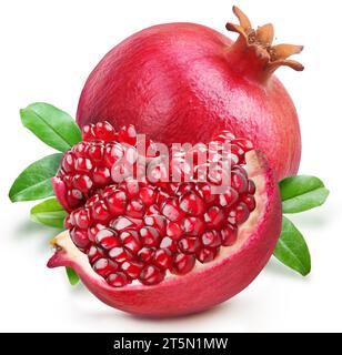 Ripe pomegranate fruit with leaves and cluster of pomegranate seeds isolated on white background. Stock Photo