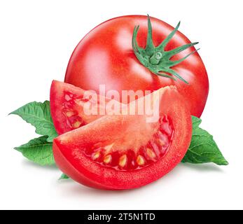 Ripe tomato with leaves and tomato slices isolated on white background. Stock Photo