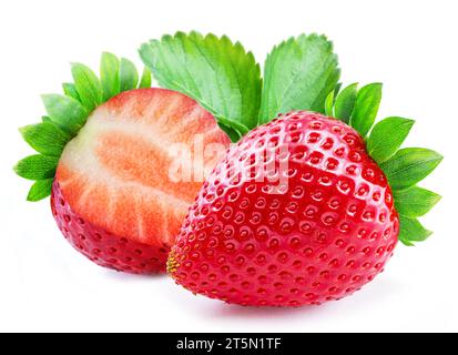 Ripe perfect strawberry and cross cut of strawberry with leaf isolated on white background. Stock Photo