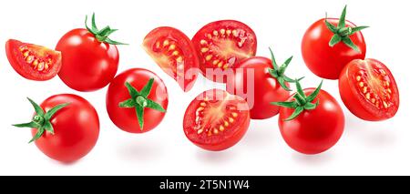 Ripe cherry tomatoes and tomatoes slices levitating in air on white background. Stock Photo