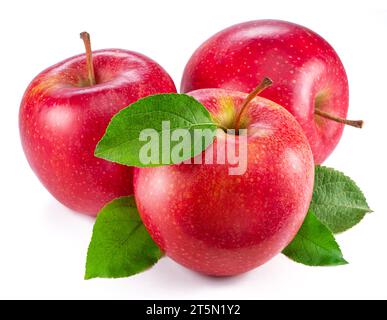 RiRipe red apples with green leaves isolated on white background. Stock Photo