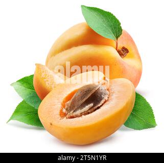Ripe apricot with leaves and apricot half isolated on white background. Stock Photo