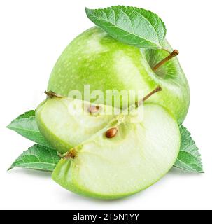Green ripe apple and apple slices on white background. Stock Photo