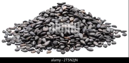 Heap of black cumin seeds isolated on white background. Stock Photo