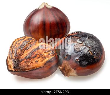 Edible sweet chestnuts with roasted chestnuts isolated on white background. Great food background for your projects. Stock Photo