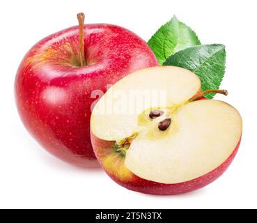 Ripe red apple, apple slice with green leaves isolated on white background. Stock Photo