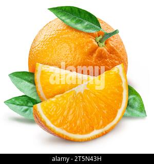 Ripe orange fruit and orange slices isolated on white background. Stock Photo