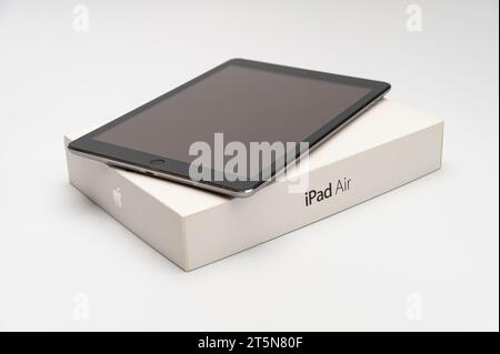 Fuji, Shizuoka, Japan - October 2, 2022: iPad Air 16GB Model A1474 Space Gray Designed by Apple in California Assembled in China. Stock Photo
