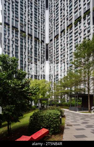 Vertical view, Green public space at The Pinnacle@Duxton, it is a 50-storey residential development in Singapore city centre. Stock Photo