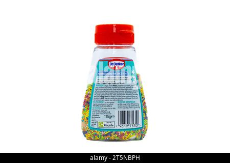 Irvine, Scotland, UK - October 02, 2023: Dr Oetker branded rainbow magic cake decorations in a plastic bottle and cap that in recyclable and showing g Stock Photo