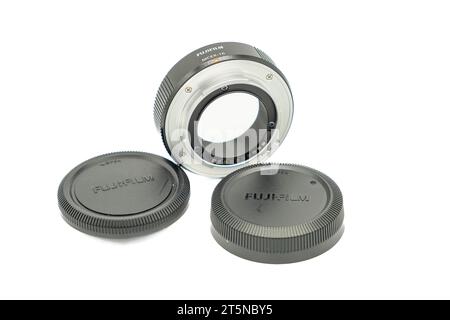 Irvine, Scotland, UK - October  26, 2023: Fujifilm branded MCEX-16 macro tube for adapting Fujifilm’s X series lenses Stock Photo