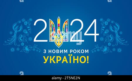 Happy New Year 2024, Ukraine holiday banner. Translation from Ukrainian - Happy New Year Ukraine. Vector illustration Stock Vector