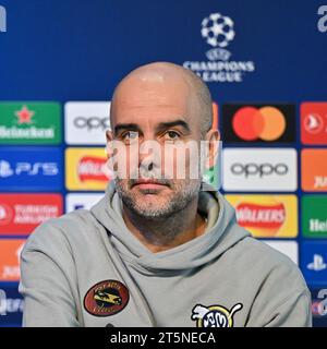 Manchester, England, 6th November 2023. Manchester City manager Pep Guardiola speaks with the press, during the Manchester City UEFA Champions League press conference V Young Boys (Credit Image: ©Cody Froggatt/Alamy Live News) Stock Photo