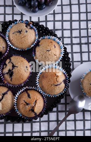 Delicious homemade cupcakes filled with blueberries and presented in small molds. Stock Photo