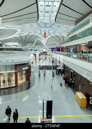 Beijing, China, inside Wide Angle views of Beijing Daxing International Airport, High angle, hall, Modern Architecture,  (Architect Credit: Zaha Hadid) Stock Photo