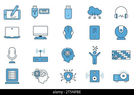 computer technology icon set. laptop, monitor, cloud computing, humanoid, firewall, access point, cyber security, etc. flat line icon style design. Si Stock Vector