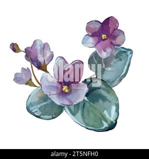 Frame with violet flowers leaves and butterfly. isolated on white. Hand painted with watercolors. For design of cards, packaging fabric decoration Stock Photo