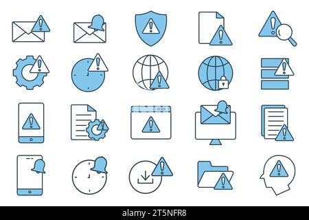 warning and notification icon set. warning, notification, system error, network error, secured network.etc. flat line icon style design. Simple vector Stock Vector