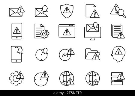 warning and notification icon set. warning, notification, system error, network error, secured network.etc. line icon style design. Simple vector desi Stock Vector